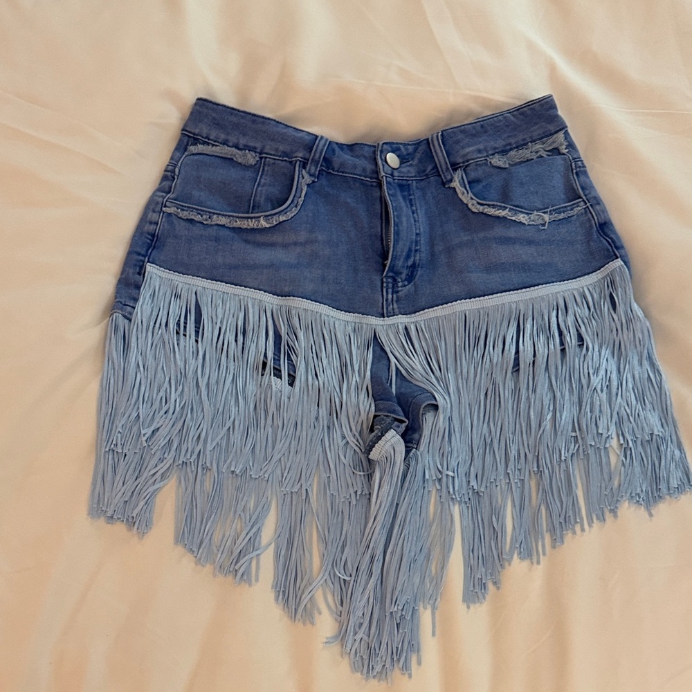 Fringed Light Blue Denim Jean Shorts for Women - Picture 3 of 6
